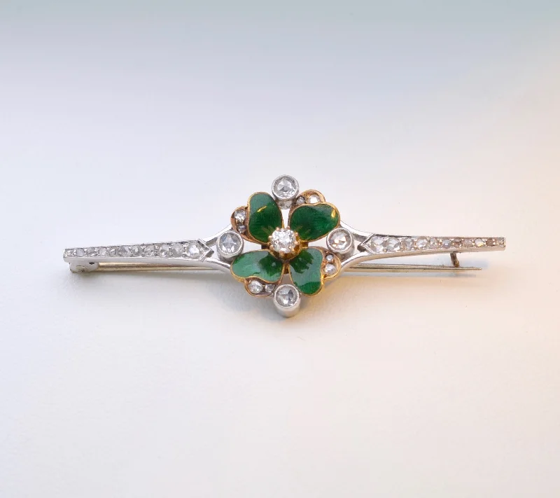 abstract shape brooch for women -Platinum Diamond Brooch with Green Enamel Four-Leaf Clover