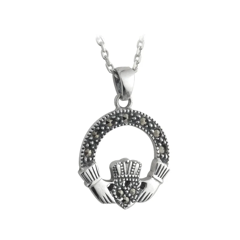 Ladies thin titanium necklaces -Sterling Silver Marcasite Small Claddagh Necklace