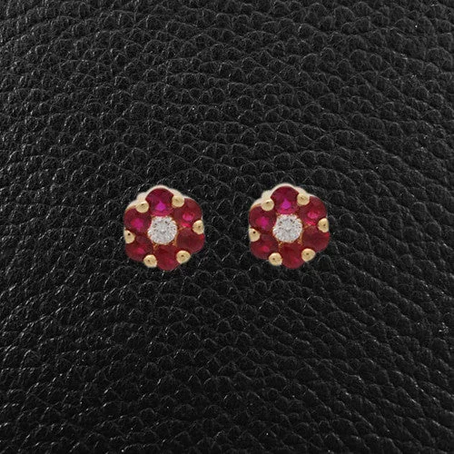 ladies silver earrings coral stones -Ruby & Diamond Flower Earrings