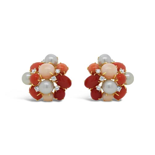 ladies rose gold earrings swirl design -Coral, Diamond & Pearl Cluster Earrings