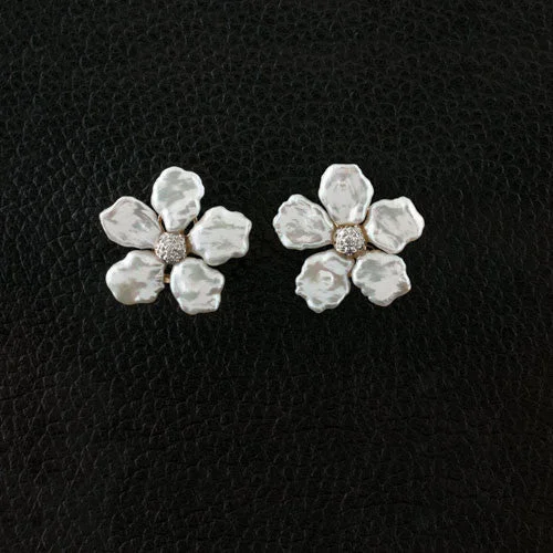 minimalist line earrings for women -Pearl & Diamond Flower Earrings