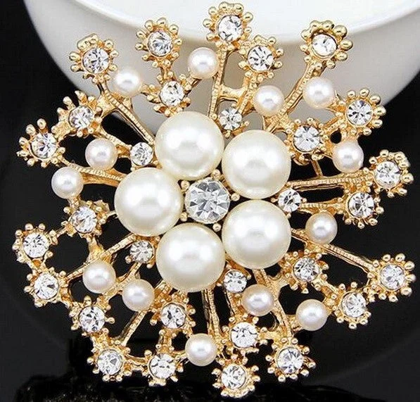 ladies silver brooch tourmaline stones -Silver or Gold Brooch Pearls Rhinestone Crystal BR-014