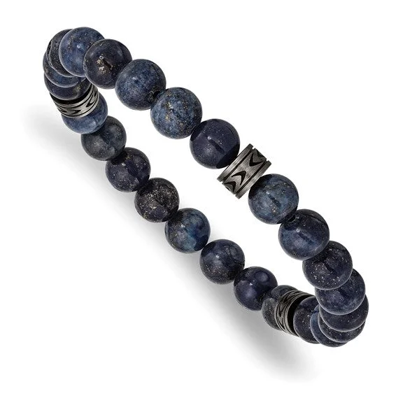 Ladies active flair bracelets -Chisel Stainless Steel Antiqued White Bronze-plated 6.5mm Lapis Beaded Stretch Bracelet