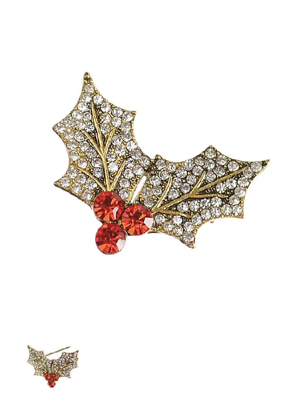 ladies gold brooch dragonfly motifs -Hot Tomato Holly & Berry Brooch - Antique Gold with Clear & Red Crystals