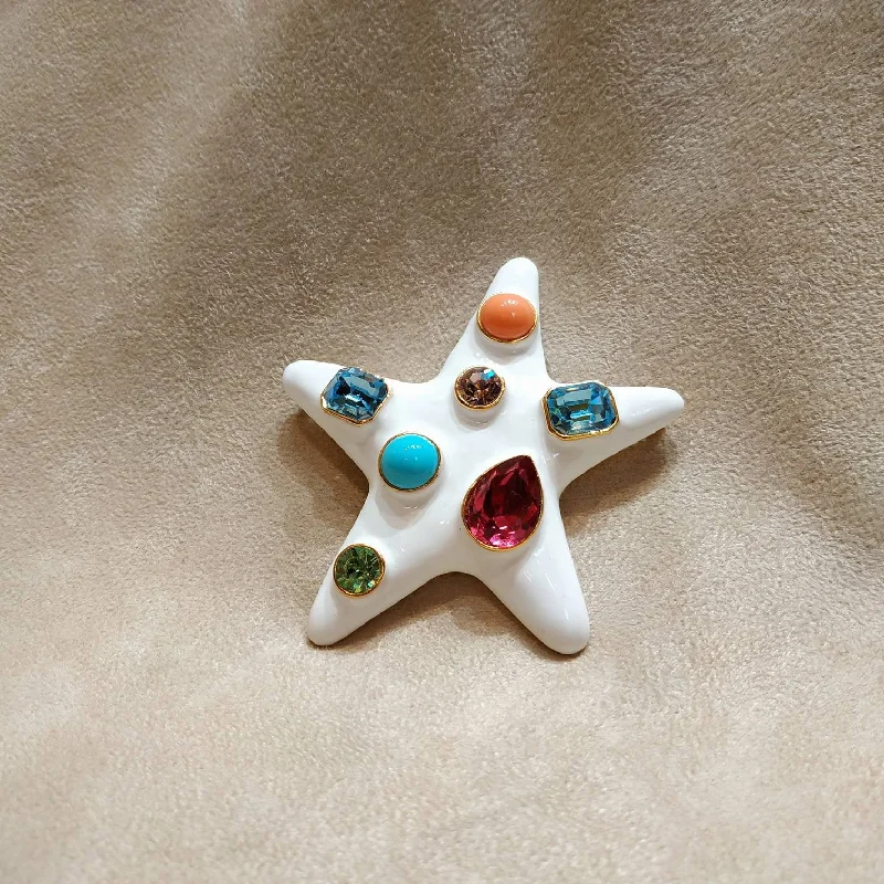 ladies rose gold brooch star design -Kenneth Jay Lane Starfish Brooch White Enamel Coral Turquiose Large Statement