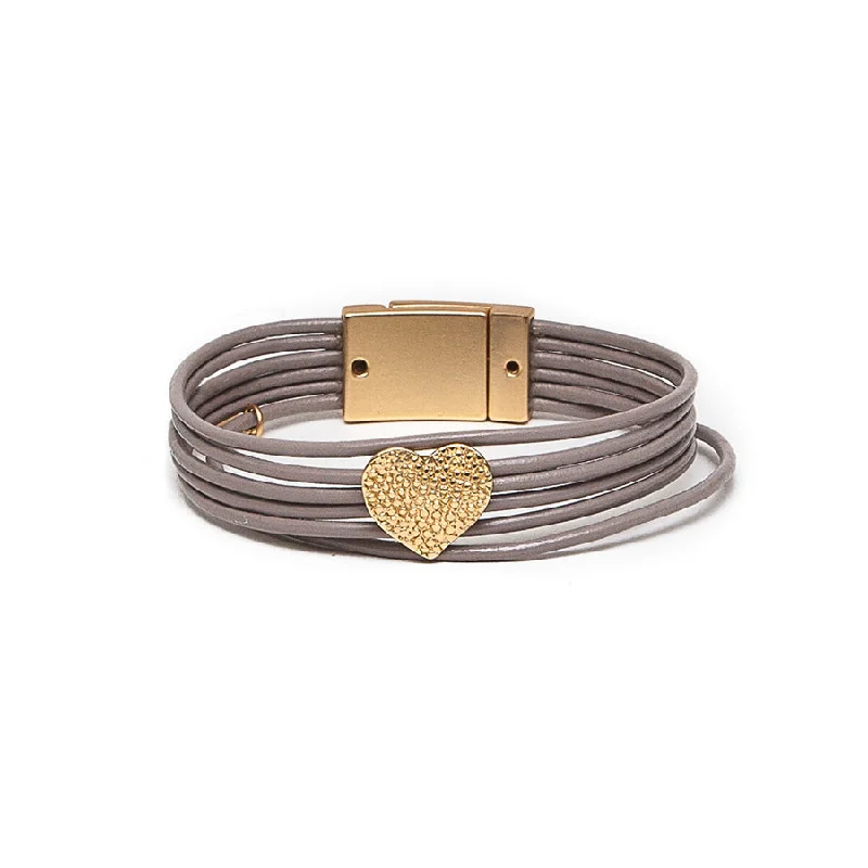 Ladies eco nature bracelets -Pom Taupe Leather Bracelet with Golden Dotty Heart