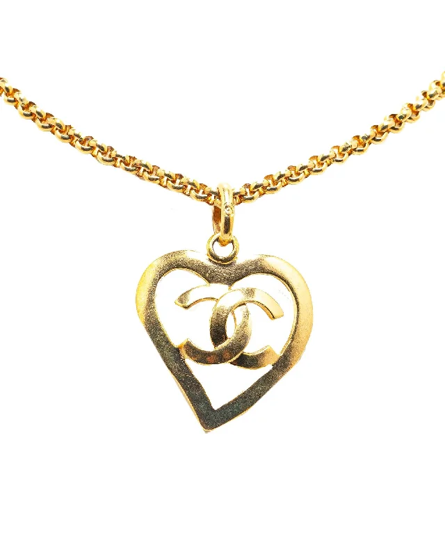 Ladies loose lariat necklaces -Gold Plated Heart Pendant Necklace with CC Design