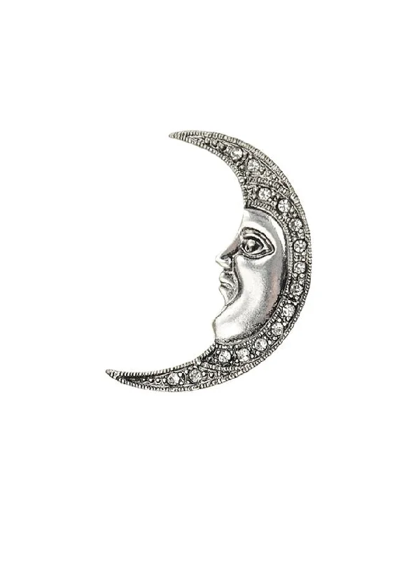 minimalist bar brooch for women -Hot Tomato Man in The Moon Brooch in Antique Silver with Clear Crystals