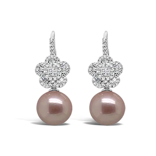 ladies gold earrings wave patterns -Pink Pearl & Diamond Earrings