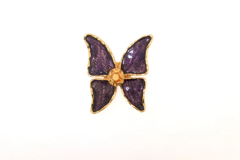 ladies rose gold brooch swirl design -Vintage YSL Butterfly Brooch Yves Saint Laurent Statement Purple Enamel