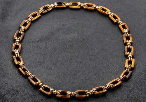 Ladies classic retro necklaces -Tiger's Eye Link Estate Necklace