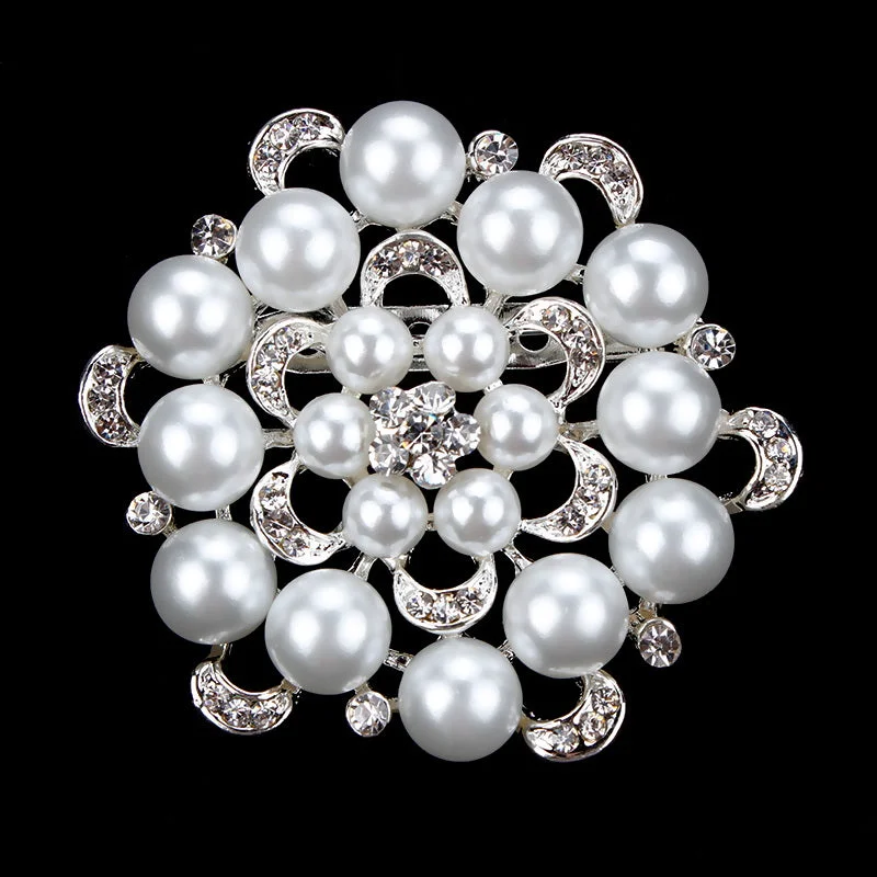 ladies silver brooch peridot stones -Gold / Silver Brooch Flower Pearls Rhinestone Crystal BR-011a