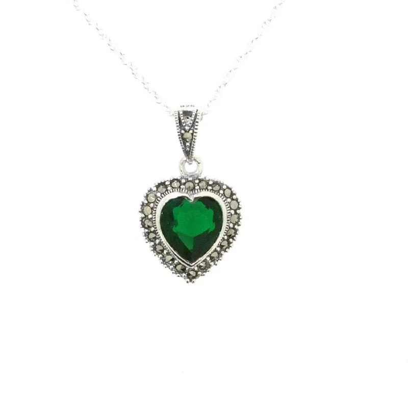 Ladies sunny topaz necklaces -Emerald Green Heart Pendant Necklace Silver Marcasite on chain