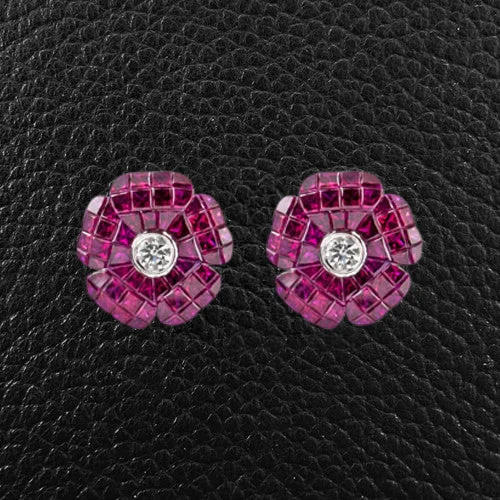 ladies teardrop earrings personalized -Ruby & Diamond Flower Earrings