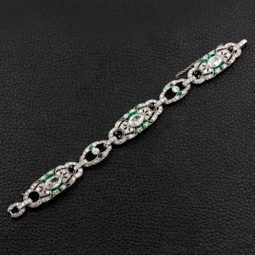 Ladies ridge glow bracelets -Diamond, Emerald & Onyx Art Deco Estate Bracelet