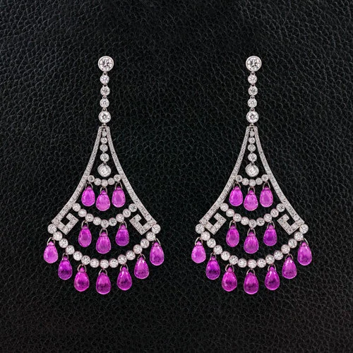 matte silver earrings for women -Pink Sapphire & Diamond Dangle Earrings