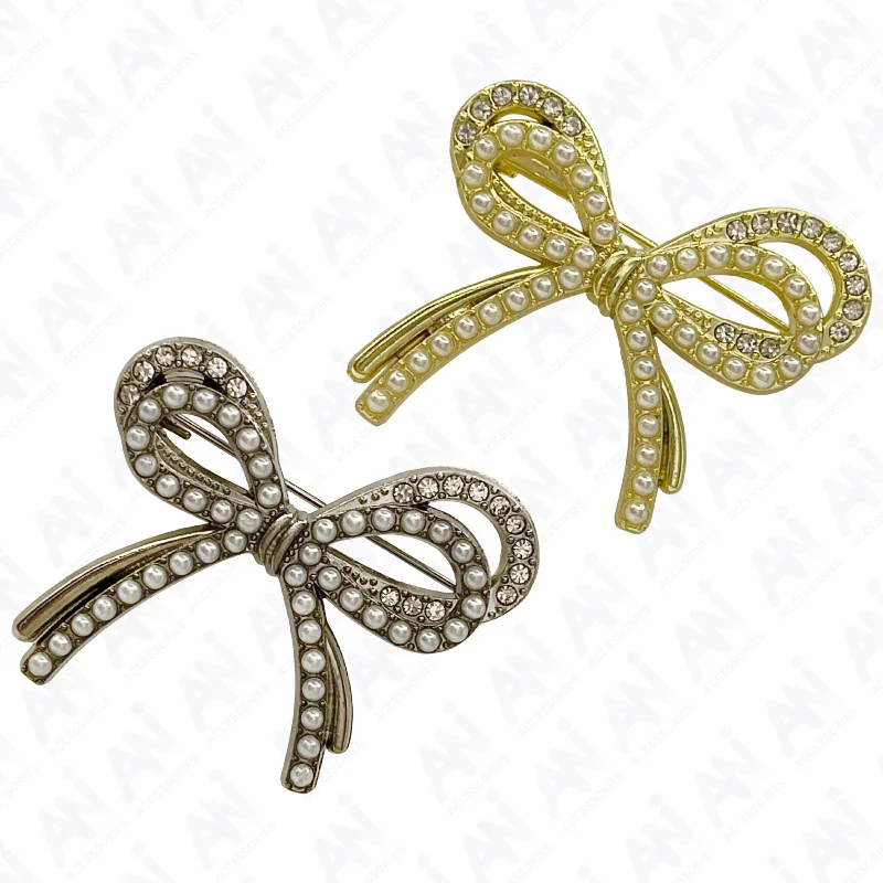 dotted pattern brooch for women -Bow Style Pearl Rhinestone Brooch