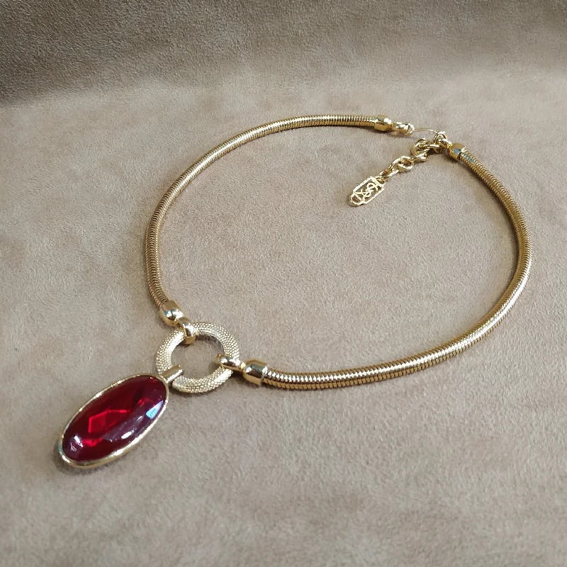 Ladies broad gleam necklaces -YSL vintage Gold Red Glass Yves Saint Laurent link Necklace