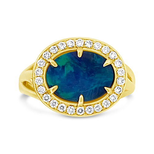 ladies gold rings intricate patterns -Lightning Ridge Black Opal Ring