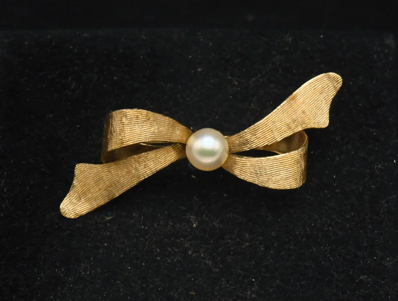 rose gold bar brooch for women -Vintage Handmade 14K Gold and Cultured Pearl Bow Brooch