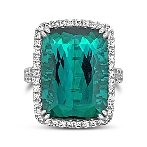 ladies gold rings lotus motifs -Blue Green Tourmaline & Diamond Ring