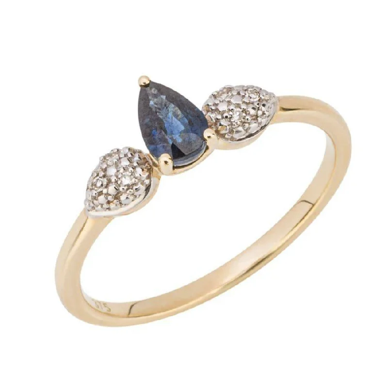 triple band rings for women -9ct Yellow Gold Pear-Shaped Sapphire and Diamond Ring