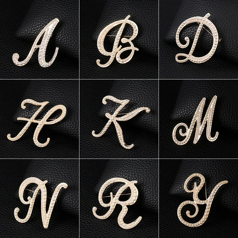 ladies white gold brooch lines -Letters Fashion Pearl Initial Letters Brooch Pins in Gold Color Plated