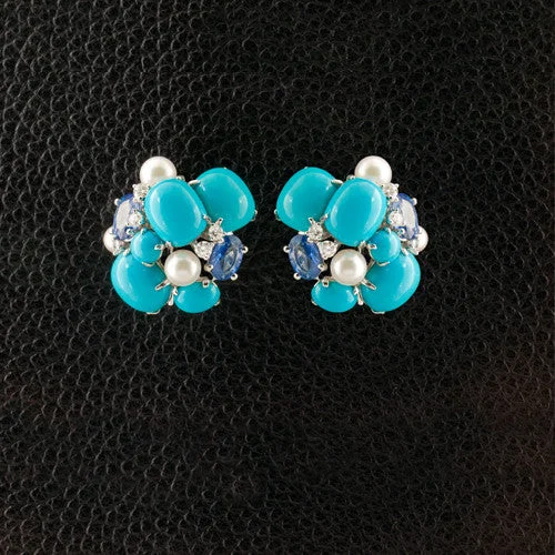 ladies earrings opal inlays -Turquoise, Sapphire & Diamond Earrings