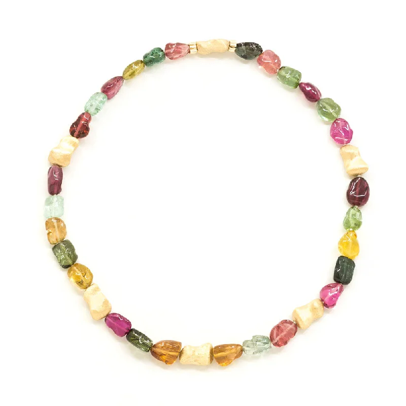 Ladies dense glow necklaces -Tumbled Tourmaline & Gold Beads Necklace