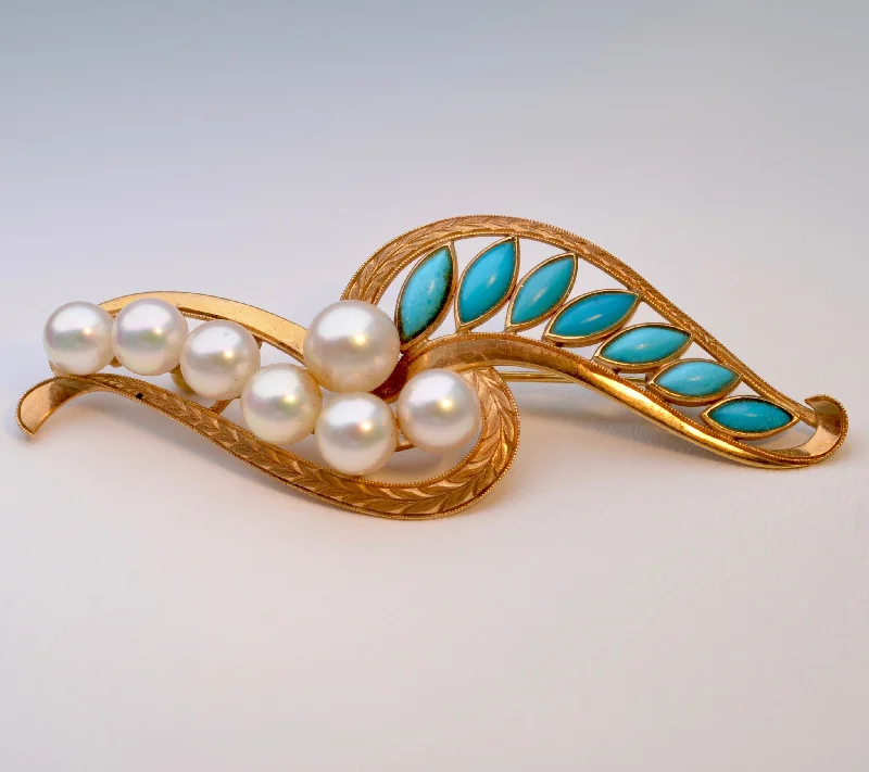 ladies brooch geometric shapes -18K Cultured Pearl and Turquoise Brooch