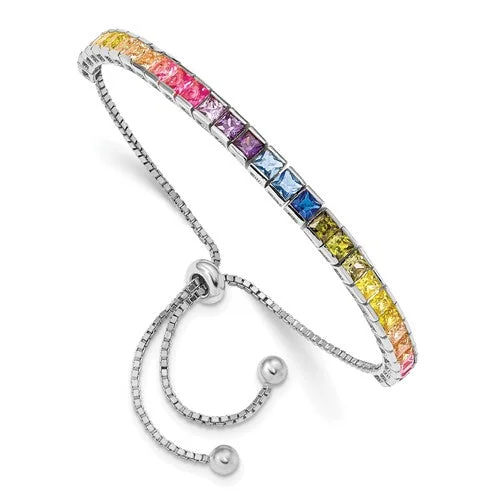 Ladies quest shine bracelets -Sterling Silver CZ 4mm Channel-Set Colorful Rainbow Adjustable Bracelet