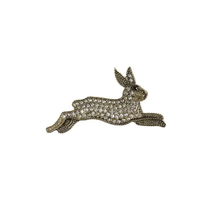 dotted pattern brooch for women -Hot Tomato Leaping Hare Brooch in Antique Gold and Clear Crystals