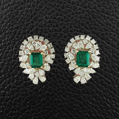 ladies gold earrings sun designs -Emerald & Diamond Earrings