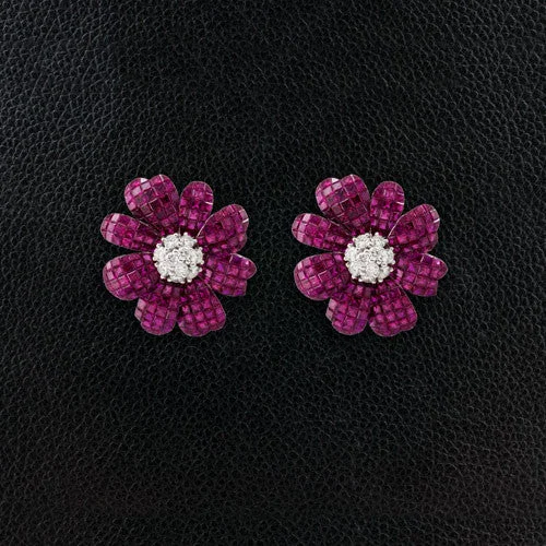 brushed gold earrings for women -Ruby & Diamond Flower Earrings