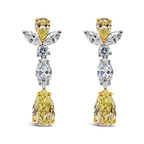 gold leaf design earrings for women -Yellow Diamond Dangle Estate Earrings