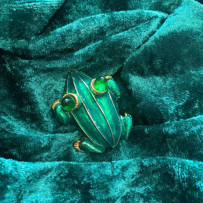 ladies rose gold brooch anniversary gift -Green Enamel Frog Brooch by KJL