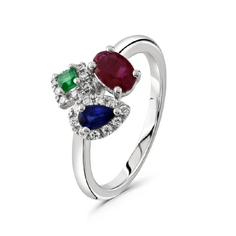 ladies gold rings celestial motifs -18ct White Gold Sapphire, Emerald and Ruby ring with Diamond surrounds