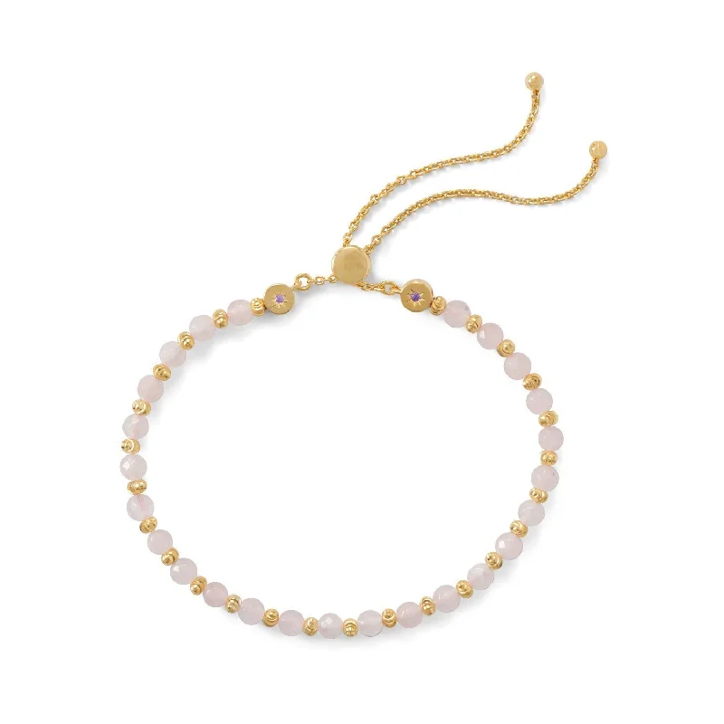 Ladies chic fashion bracelets -18k Gold Plated Sterling Silver Rose Quartz Bead Bracelet Bolo Bracelet