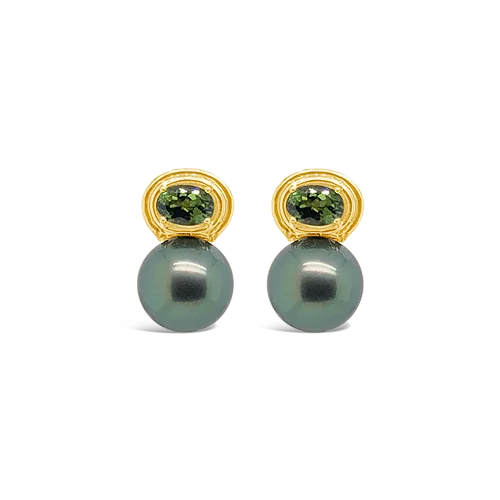 chain detail earrings for women -Tahitian Pearl & Green Tourmaline Earrings