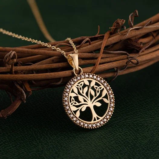 Ladies earthy timber necklaces -14K Gold Diamond Round Tree Of Life Necklace