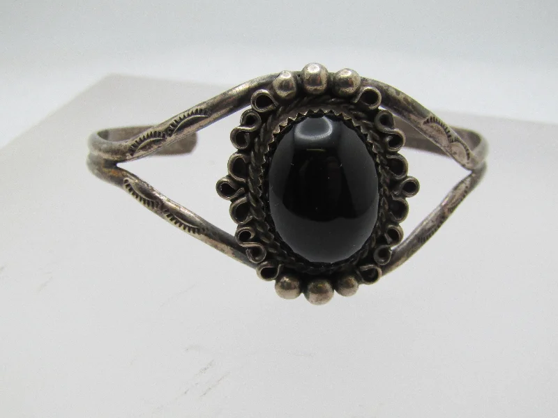 Ladies Celtic braid bracelets -Vintage Sterling Onyx Southwestern Cuff Bracelet, 6"