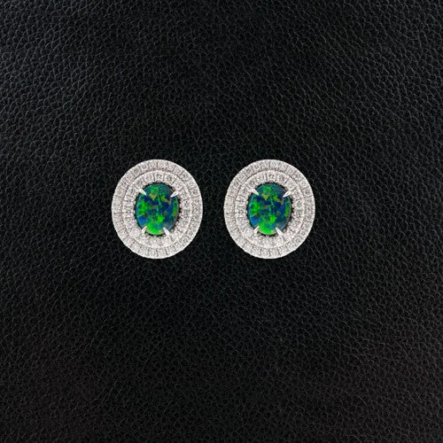 mixed metal earrings for women -Black Opal Earrings with Double Diamond Halos