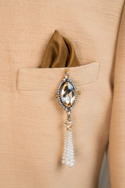 ladies pearl brooch timeless -Gold Stone Brooch With Pearl Tassel