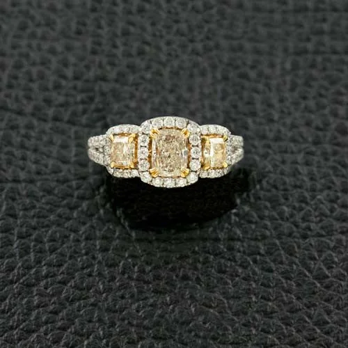 rose gold wave rings for women -Three Radiant cut Yellow Diamond Ring