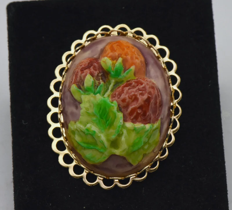 vintage engraved brooch for women -Vintage Ceramic Painted Strawberries Brooch