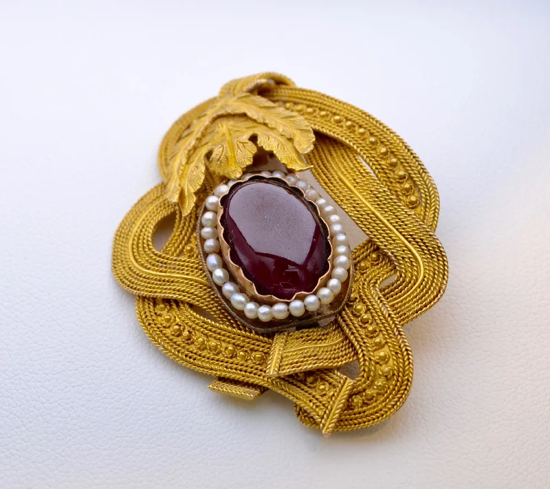 rose gold wave brooch for women -Hand-made Brooch with Garnet Cabachon and Seed Pearls in 18K Yellow Gold