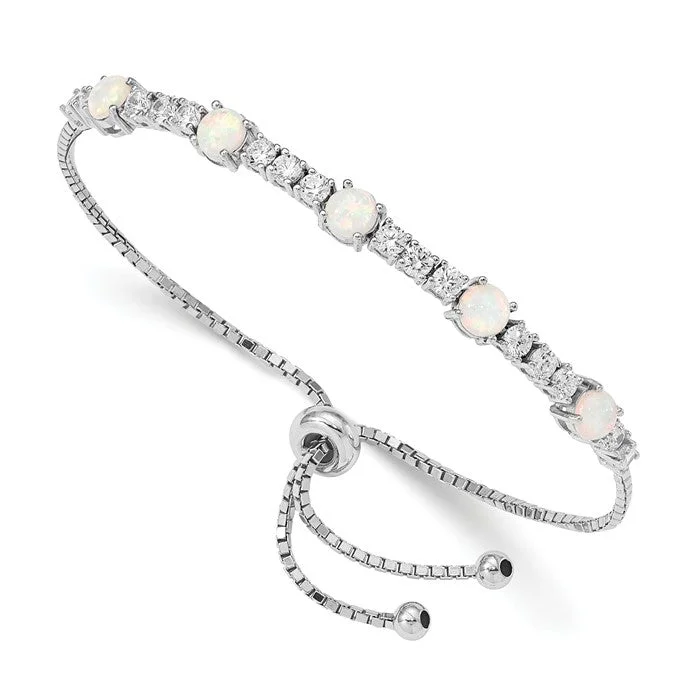 Ladies assurance shine bracelets -Sterling Silver White Created Opal And CZ Adjustable Bolo Bracelet