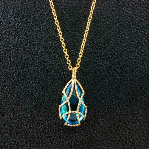 Ladies flutter butterfly necklaces -Diamond Tear Drop Cage Necklace with Blue Topaz Insert