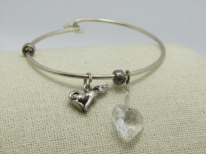 Ladies simple daily bracelets -Sterling Silver Wolf & Heart Bangle Charm Bracelet, Hook Clasp, 6.75", 2mm