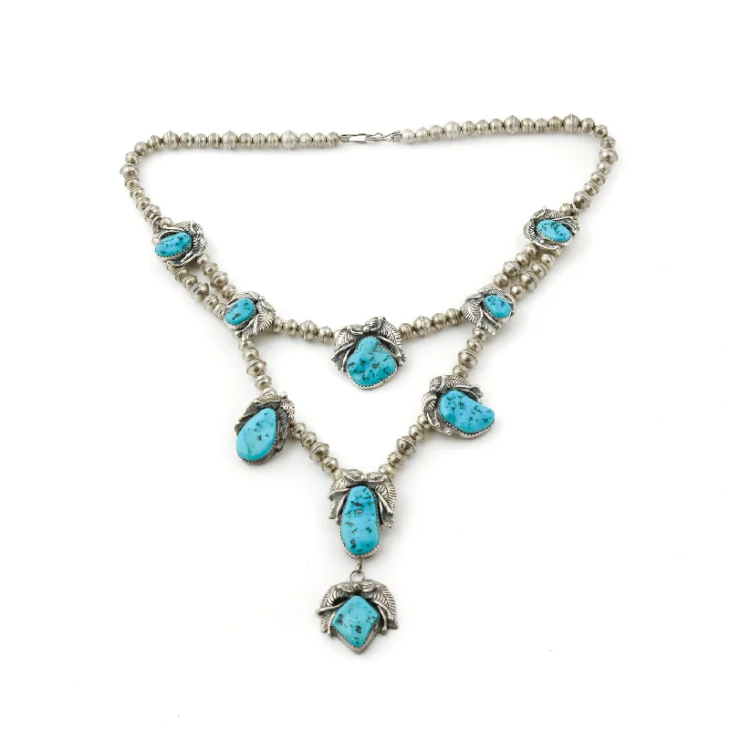 Ladies classic retro necklaces -Classic 1980's Leaf-Motif Blue Turquoise Natural Turquoise Necklace